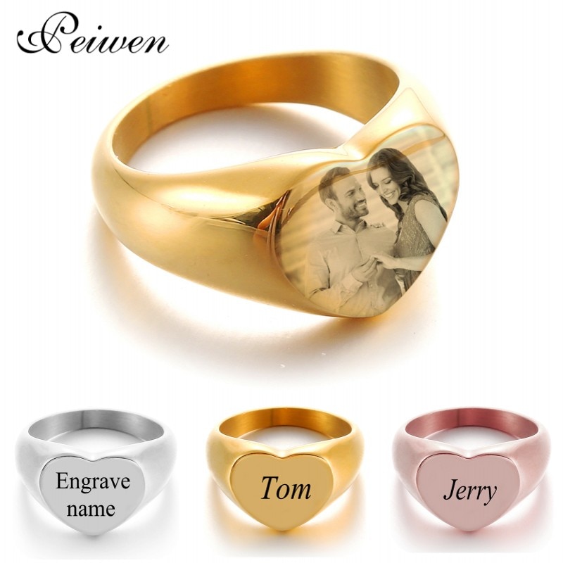 개인화 된 반지 새겨진 사진 사용자 정의 이름 반지 남성 여성을위한 스테인레스 스틸 명판 반지 약혼 결혼 반지 쥬얼리